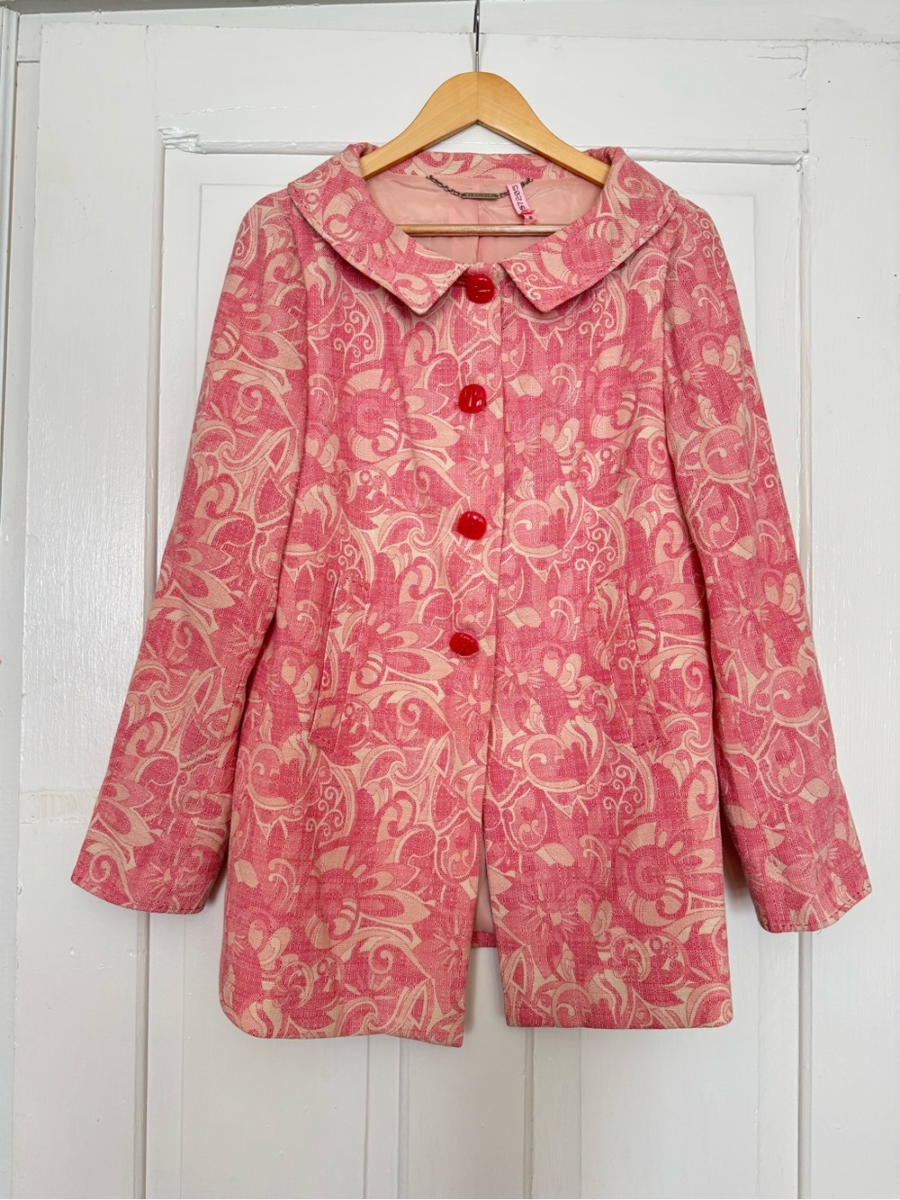 Elie Tahari Pink Floral Jacquard Pea Coat with Pink Buttons